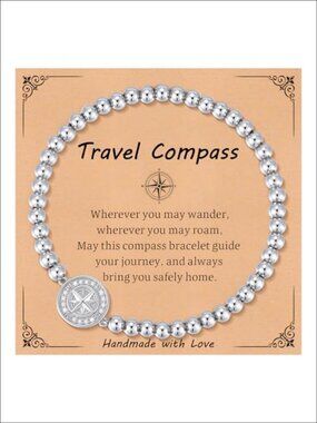 14K Gold Plated Stretch Beaded Bracelet Compass Travel Gift